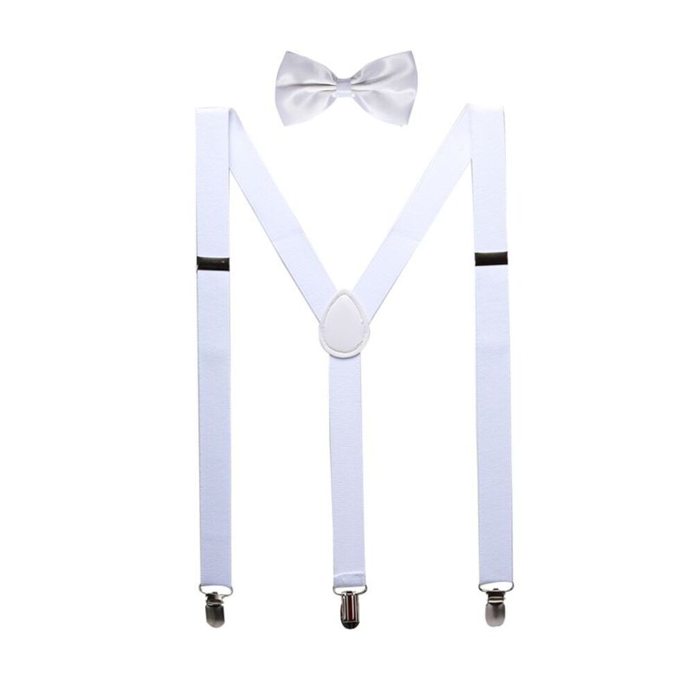 Elastic Adjustable Shoulder Strap Y Shaped Bow Tie and Suspenders Set White